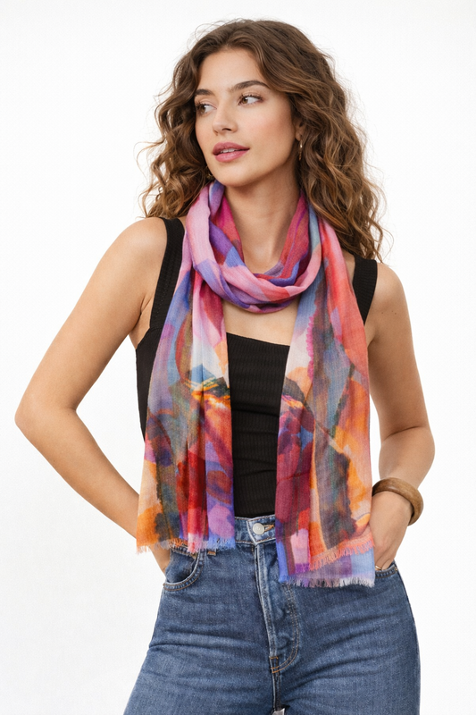 Sunset Symphony Abstract Scarf – Modal Silk Designer Wrap | Multicolour Modern Art Print
