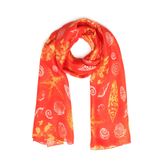 Coral Coast Silk Scarf – Seashell & Starfish Ocean Print Designer Scarf