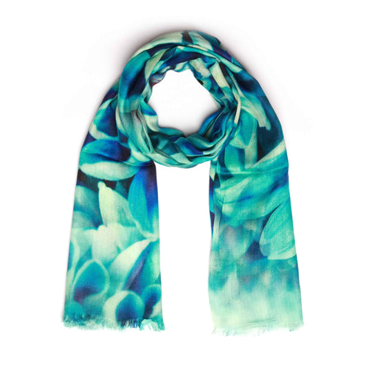 Azure Chrysanthemum Floral Scarf – Cashmere Wool Designer Wrap | Blue Botanical Bloom Print