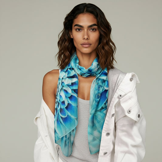 Azure Chrysanthemum Floral Scarf – Cashmere Wool Designer Wrap | Blue Botanical Bloom Print