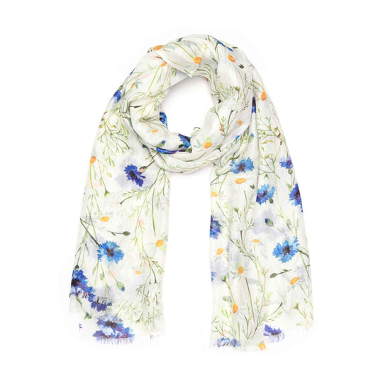 Blue Cornflower Meadow Scarf – Cotton Modal Designer Wrap | Botanical Wildflower Floral Print