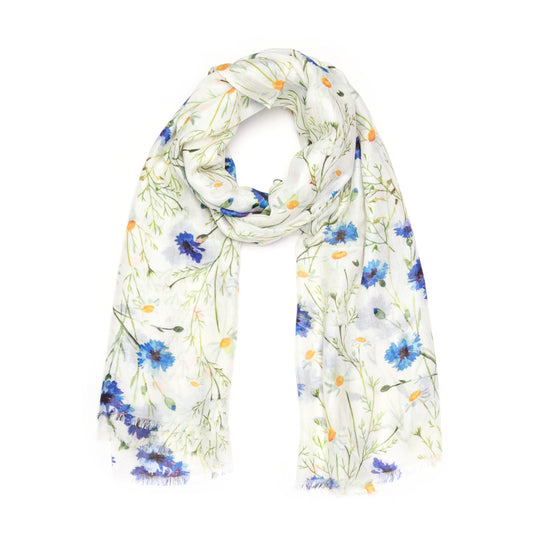 Blue Cornflower Meadow Scarf – Pure Linen Designer Wrap | Botanical Wildflower Floral Print