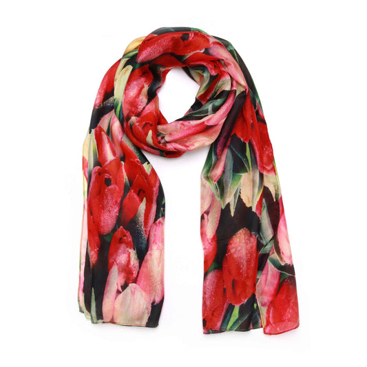 Tulip Garden Bloom Scarf – Pure Silk Designer Wrap | Multicolour Botanical Floral Print