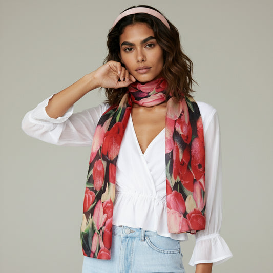 Tulip Garden Bloom Scarf – Pure Silk Designer Wrap | Multicolour Botanical Floral Print
