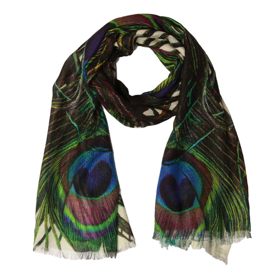 Peacock Feather Elegance Scarf – Modal Silk Designer Wrap | Multicolour Peacock Bird Inspired Print- White