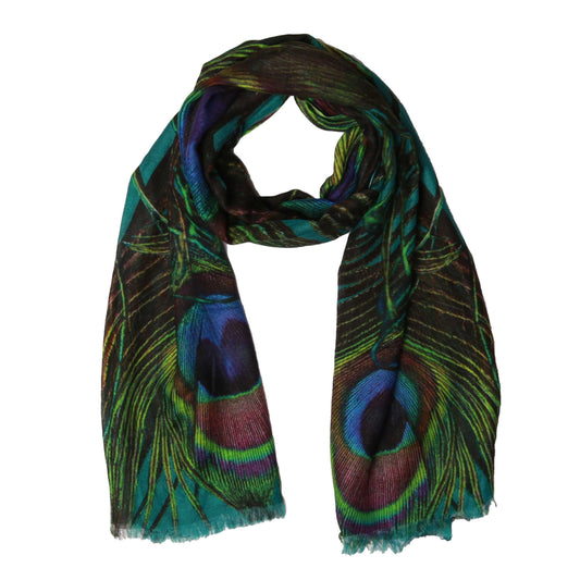 Peacock Feather Elegance Scarf – Merino Wool Silk Designer Wrap | Multicolour Peacock Bird Inspired Print- Turquoise Green