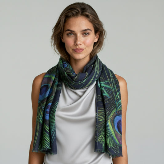 Peacock Feather Elegance Scarf – Modal Silk Designer Wrap | Multicolour Peacock Bird Inspired Print- Black