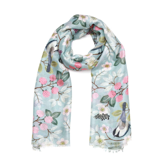 Songbird Blossom Garden Scarf – Modal Silk Designer Wrap | Pastel Botanical Floral Print