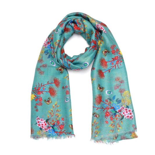 Teal Blossom Meadow Scarf – Merino Fine Wool Designer Wrap | Multicolour Botanical Floral Print