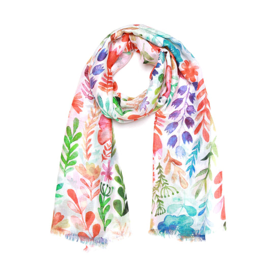 Rainbow Garden Japanese Floral Scarf – Cotton Modal Designer Wrap | Multicolour Botanical Watercolour Print