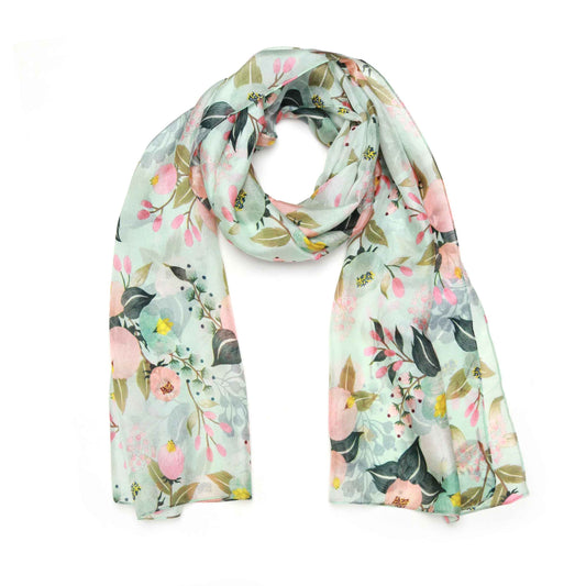 Mint Blossom Bouquet Scarf – Pure Silk Designer Wrap | Pastel Botanical Floral Print