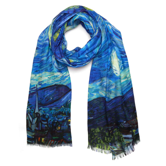 Starry Night Abstract Scarf – Cotton Modal Designer Wrap | Blue Artistic Old Master Print