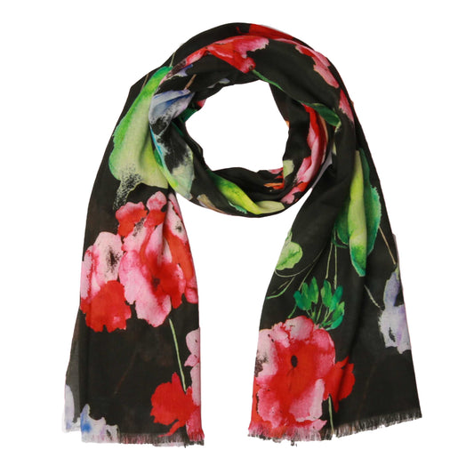 Midnight Bloom Floral Scarf – Cotton Modal Designer Wrap | Multicolour Watercolour Flowers on Black
