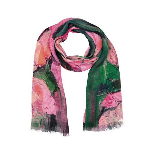 Rose Symphony Floral Scarf – Cotton Modal Designer Wrap | Hand-Painted Pink Roses on Green