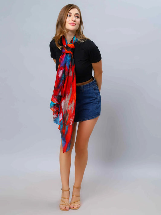 Fiery Horizon Abstract Scarf – Modal Silk Designer Wrap | Bold Red & Orange Brushstroke Art