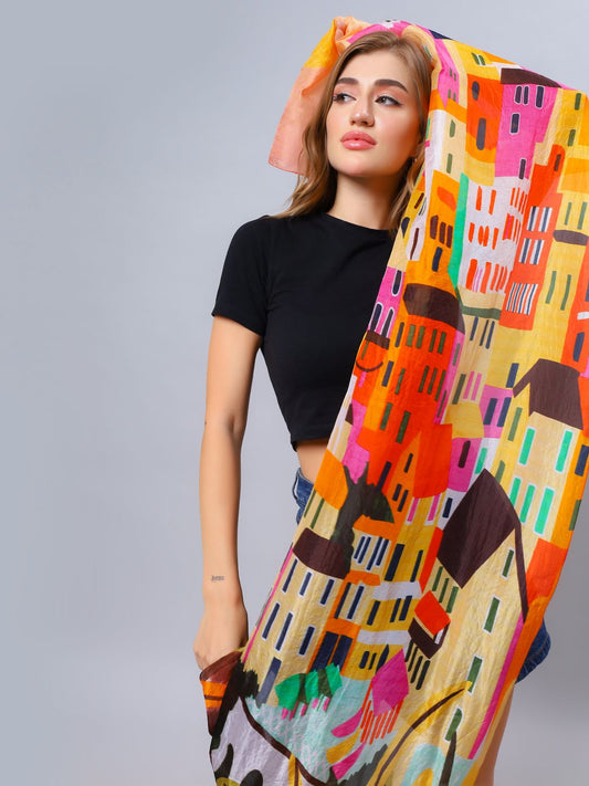 Cinque Terre Sunset Architectural Abstract Scarf – Modal Silk Designer Wrap | Italian Coastal Art