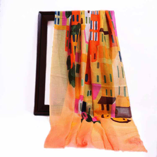 Cinque Terre Sunset Architectural Abstract Scarf – Modal Silk Designer Wrap | Italian Coastal Art