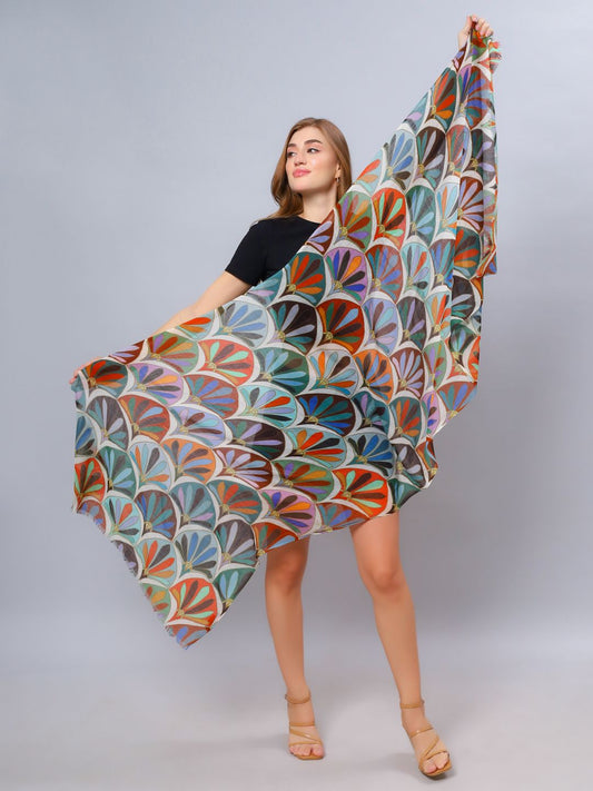 Art Deco Fans Abstract Scarf – Modal Silk Designer Wrap | Earthy Multicolor Pattern Pattern