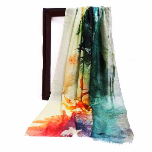 Tropical Horizon Floral Landscape Scarf – Modal Silk Designer Wrap | Watercolor Coastal Print