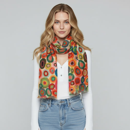 Kaleidoscope Circles Scarf – Merino Wool Silk | Vibrant Geometric Abstract Designer Wrap - Grey base