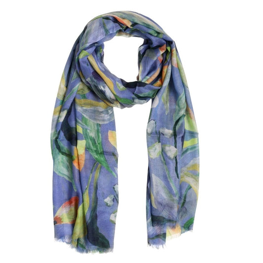 Azure Bloom Hand-Painted Floral Merino Wool Silk Scarf | Artistic Designer Wrap
