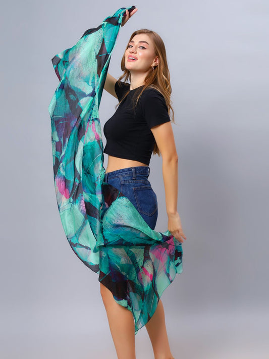 Teal & Magenta Autumn Leaf Scarf – Pure Silk Designer Wrap | Abstract Botanical Print