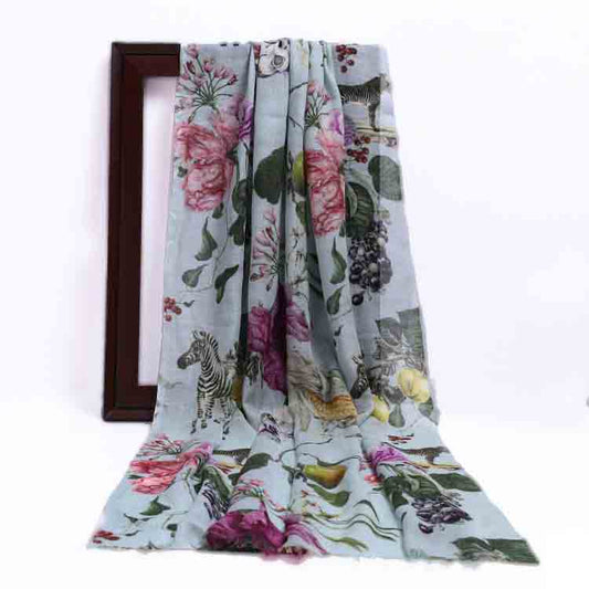 Savanna Bloom Botanical & Wildlife Scarf – Fine Merino Wool Designer Wrap | Blue Artistic Australian Coastal Print