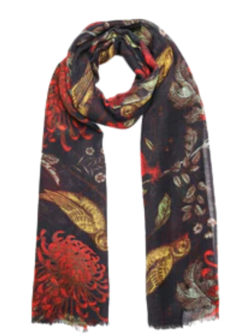 Midnight Botanica Bird Merino Wool Scarf – Hand-Drawn Floral & Avian Art Print