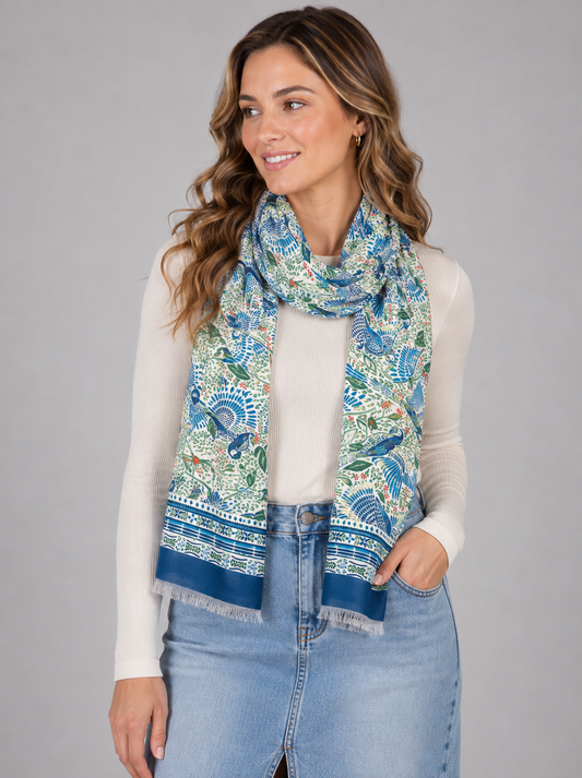 Blue Flying Birds & Botanical Garden Print Modal Silk Scarf
