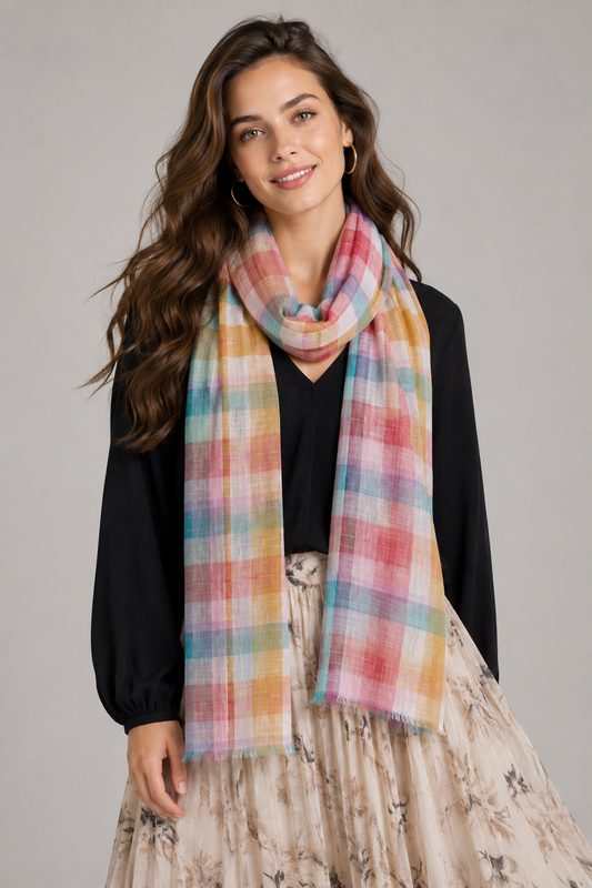 Pastel Multicolour Plaid Check Print Modal Silk Scarf