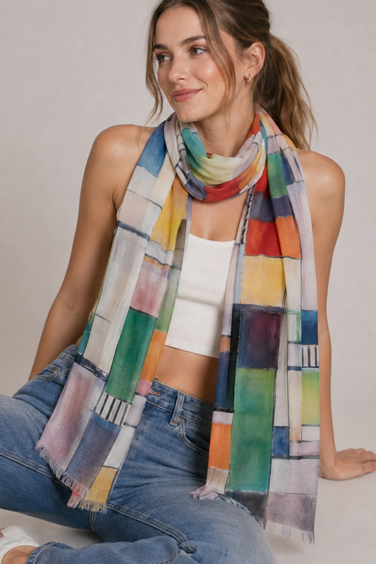Modern Abstract Geometric Blocks Print Modal Silk Scarf