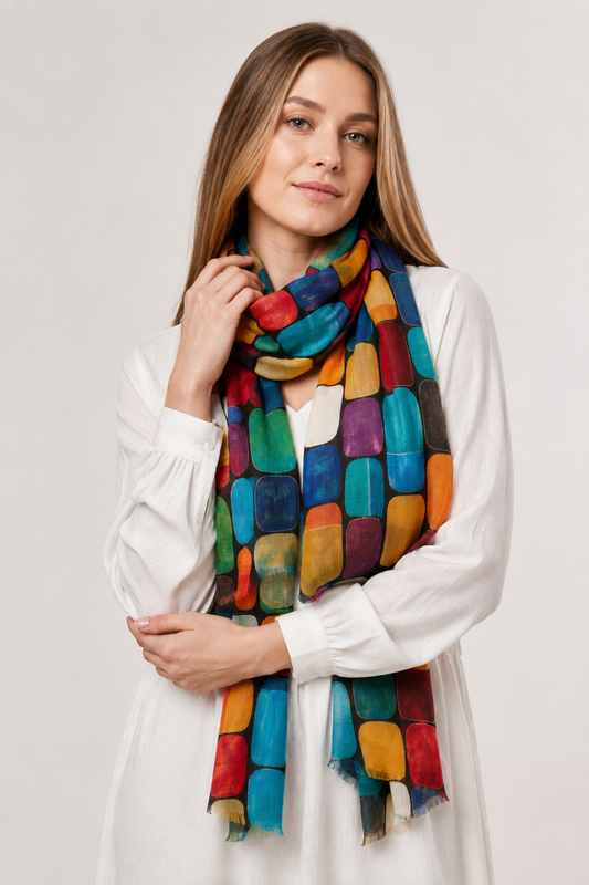 Multicolour Abstract Rounded Geometric Blocks Print Modal Silk Scarf