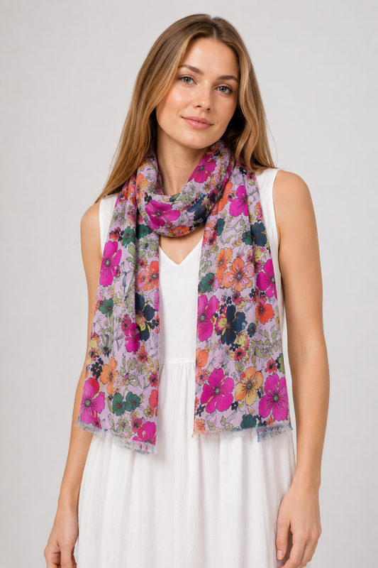 Multicolour Hand-Drawn Wildflower Botanical Print Modal Silk Scarf