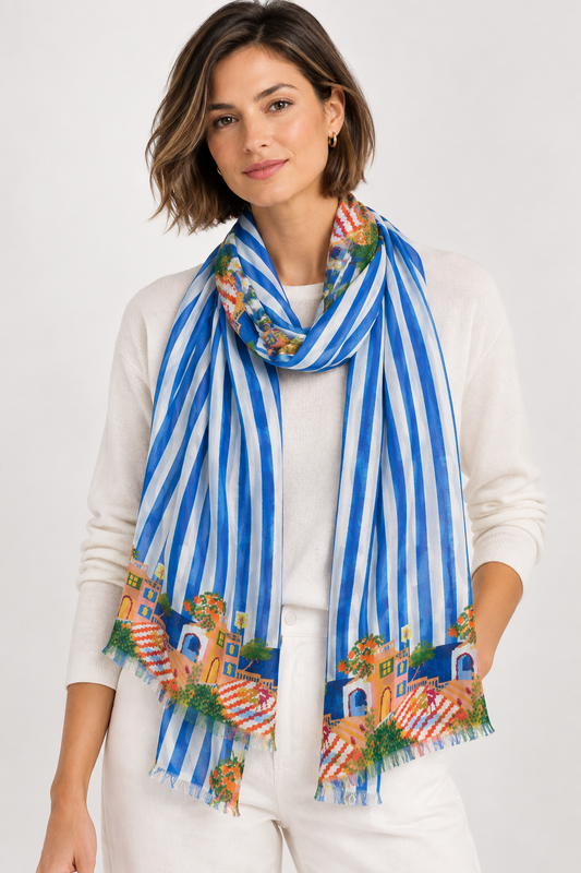 Mediterranean Riviera Blue Stripe Modal Silk Scarf