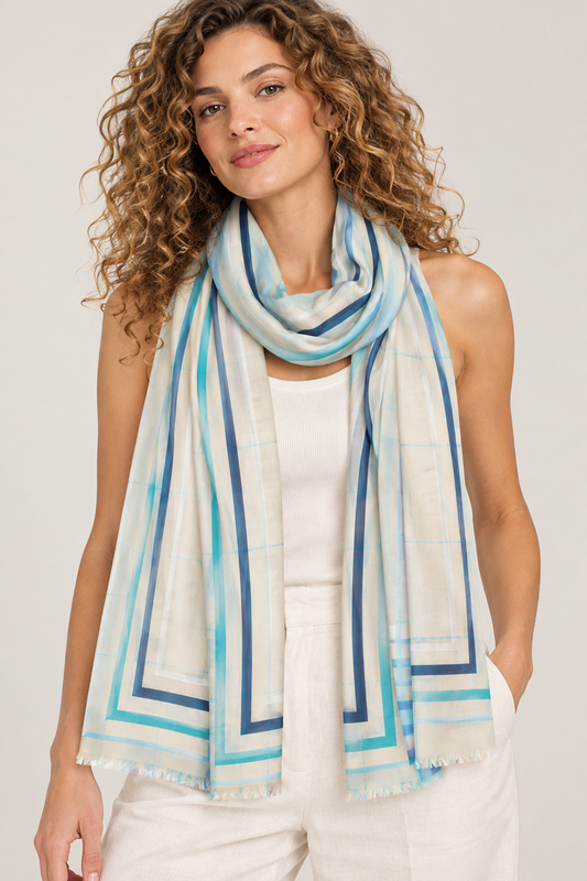 Cyan Nested Frame Pure Silk Scarf