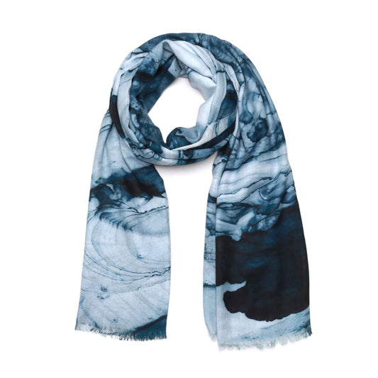 Midnight Marble Abstract Scarf – Merino Wool Silk Designer Wrap | Artistic Geometric Nature Print