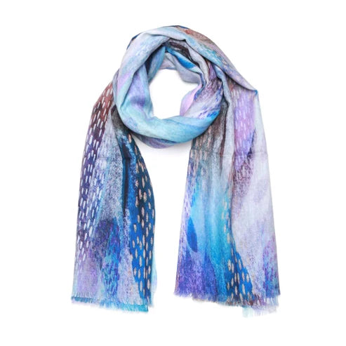 Mystic Waves Abstract Scarf – Cashmere Wool Designer Wrap | Blue & Purple Artistic Print