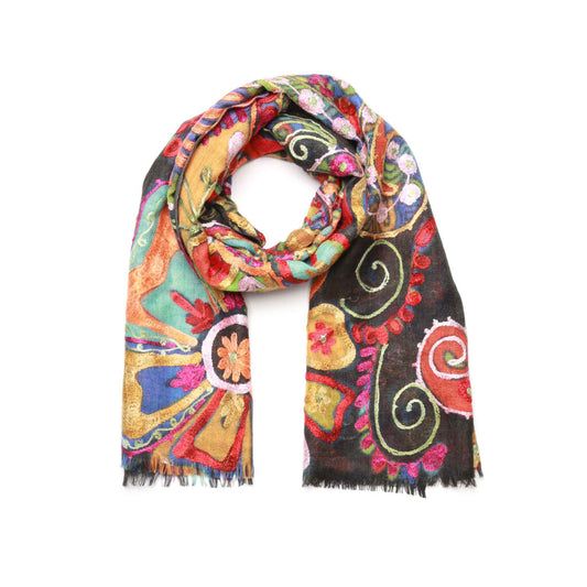 Floral Merino Wool Designer Embroidered Scarf
