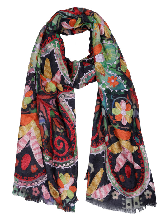 Machine-Embroidered Merino Wool Scarf – Multicolor Floral Artistic Winter Scarf