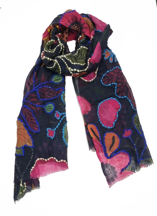 Kantha Hand-Embroidered Merino Wool Scarf – Midnight Multicolor Floral Artistic Winter Scarf
