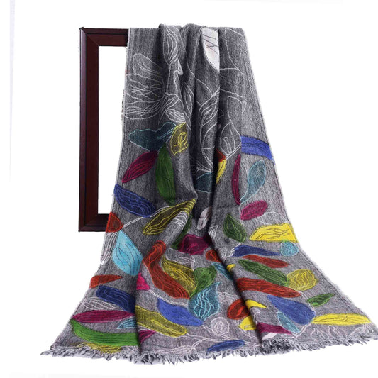 Hand-Painted Leaf Pattern Merino Wool Scarf – Multicolor Artistic Winter Scarf