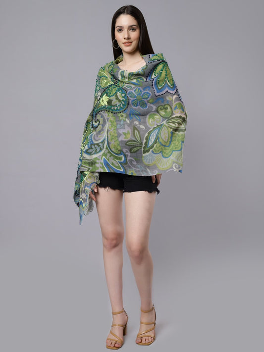 Tropical Floral Merino Wool Designer Embroidered Scarf