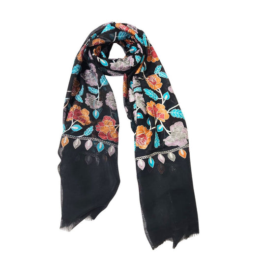 Midnight Garden Embroidered Merino Wool Scarf – Floral Winter Scarf