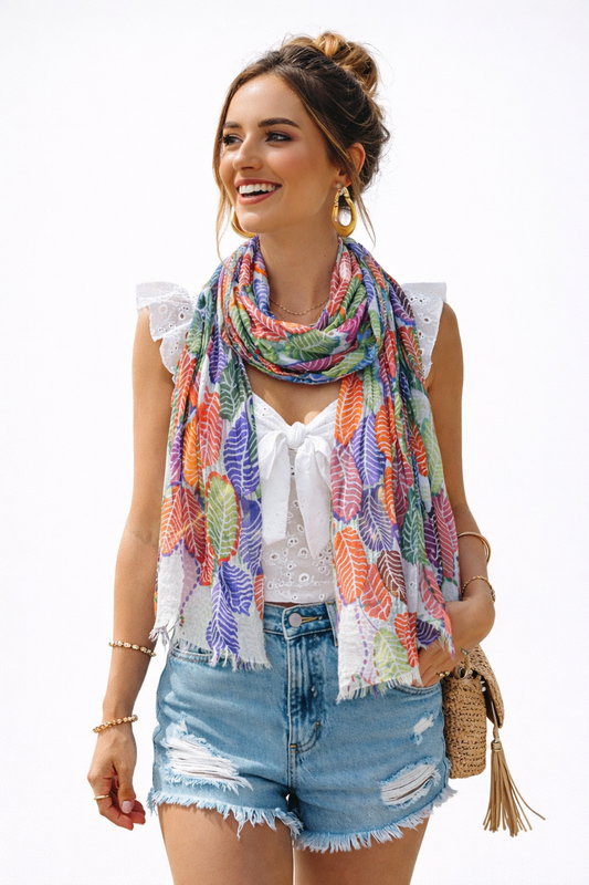 Leafy Textured Merino Wool Designer Embroidered Scarf