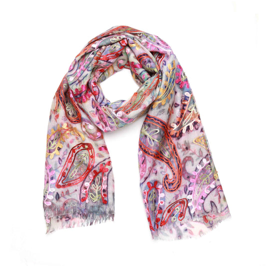 Paisleys Merino Wool Designer Embroidered Scarf