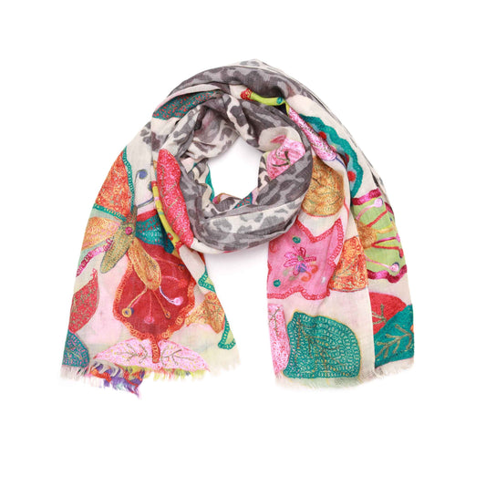 Floral Garden Merino Wool Designer Embroidered Scarf