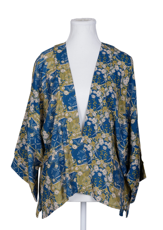 Indigo Patchwork Bloom Short Kimono – Cotton Velvet Vintage Floral & Geometric