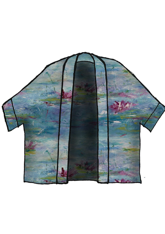 Serene Waterlily Dream Short Kimono – Impressionist Blue Garden