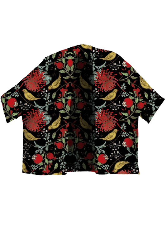 Midnight Crimson Garden Short Kimono – Botanical Bird & Pomegranate