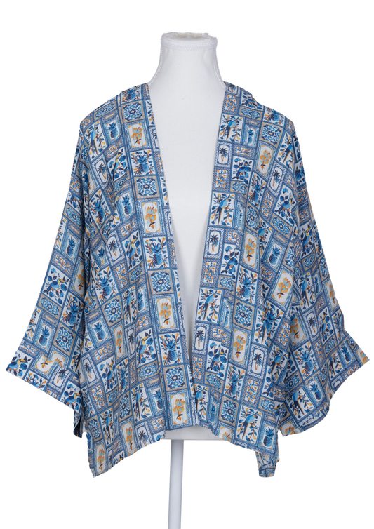 Azure Botanical Tile Short Kimono – Cotton Velvet Mediterranean Blue Patchwork
